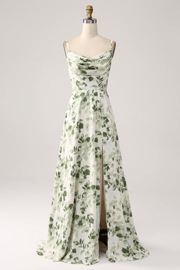 Cowl hals grøn blomster: A Line Prom Dress med slids